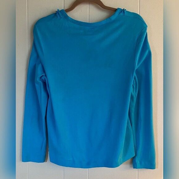 2 a Tee Sweater Women’s Petite Large Blue Cardigan Ruffled Cotton Preppy - Picture 2 of 3